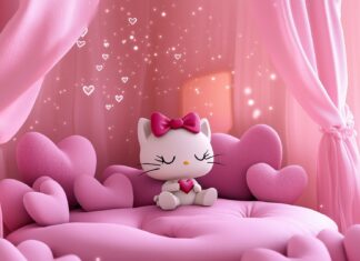 Hello Kitty sitting in a pink room filled with heart shaped cushions and soft pink curtains, with delicate sparkles floating in the air .