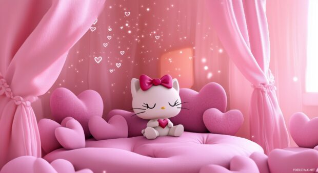 Hello Kitty sitting in a pink room filled with heart shaped cushions and soft pink curtains, with delicate sparkles floating in the air .