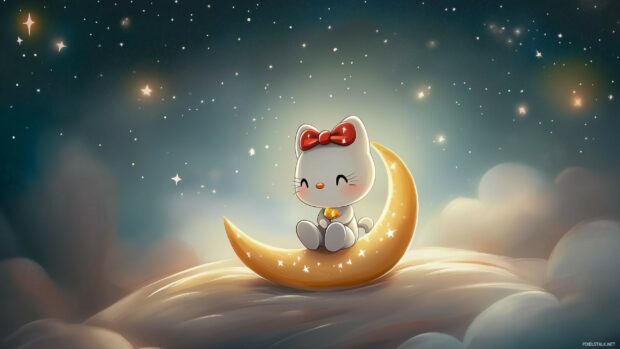 Hello Kitty sitting on a crescent moon, with stars twinkling in the night sky and a soft.