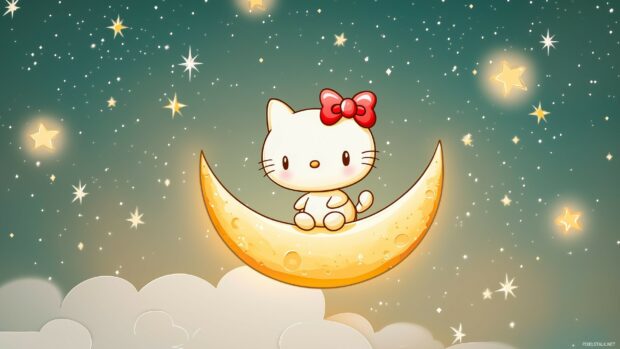 Hello Kitty sitting on a crescent moon, with stars twinkling in the night sky and a soft, dreamy desktop background.