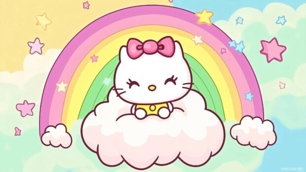 Hello Kitty sitting on a fluffy cloud, surrounded by pastel colored stars and a bright rainbow in the background.