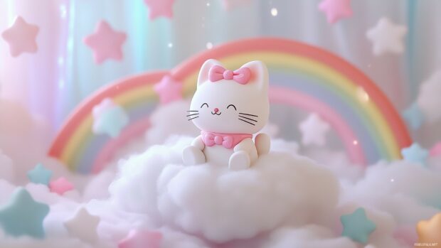 Hello Kitty sitting on a fluffy cloud, surrounded by pastel colored stars and a bright rainbow in the desktop background.