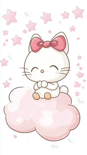 Hello Kitty sitting on a fluffy pink cloud with soft pink stars around her.