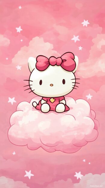 Hello Kitty sitting on a fluffy pink cloud with soft pink stars around her, Cartoon wallpaper.