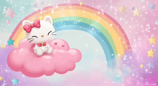 Hello Kitty sitting on a pink cloud, surrounded by colorful stars and a pastel rainbow in the background.