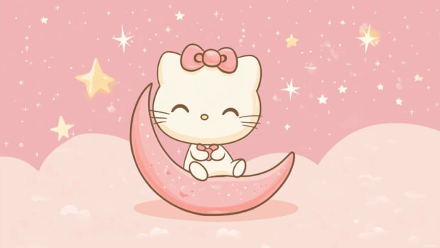 Hello Kitty sitting on a pink crescent moon, with stars and a soft pink sk.