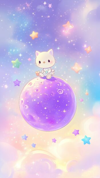 Hello Kitty sitting on a purple moon with a kawaii starry night sky.