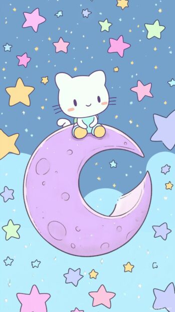 Hello Kitty sitting on a purple moon with a kawaii starry night sky, Kawaii Cartoon.