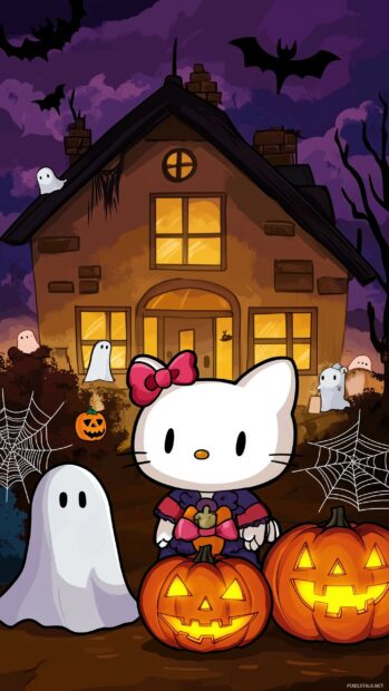 Hello Kitty standing in front of a haunted house with Halloween decorations, including ghosts and spider webs, and a glowing jack o lantern.