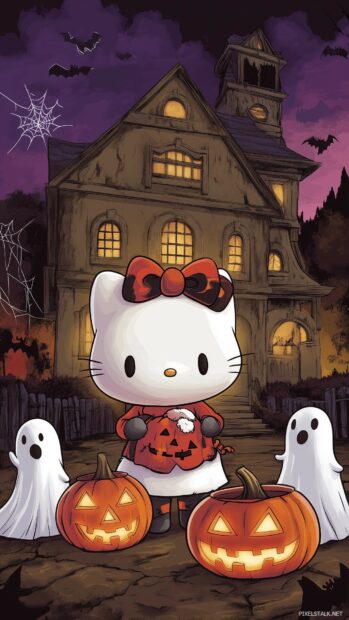 Hello Kitty standing in front of a haunted house with Halloween decorations, including ghosts and spider webs, and a glowing jack o lantern, Cartoon Hello Kitty Halloween Holiday.