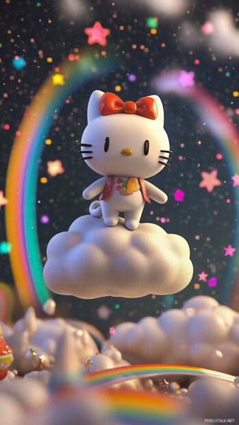 Hello Kitty standing on a 3D modeled floating cloud with a dreamy sky full of colorful stars and rainbows.