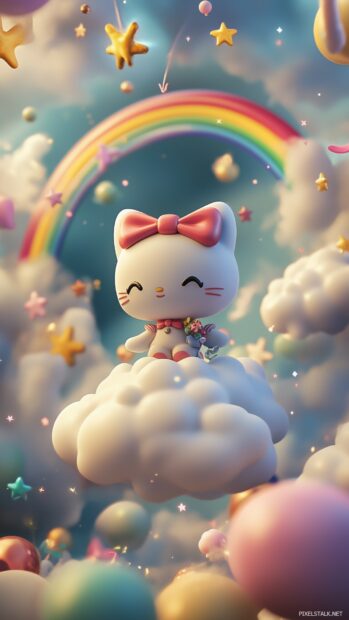 Hello Kitty standing on a modeled floating cloud with a dreamy sky full of colorful stars and rainbows.