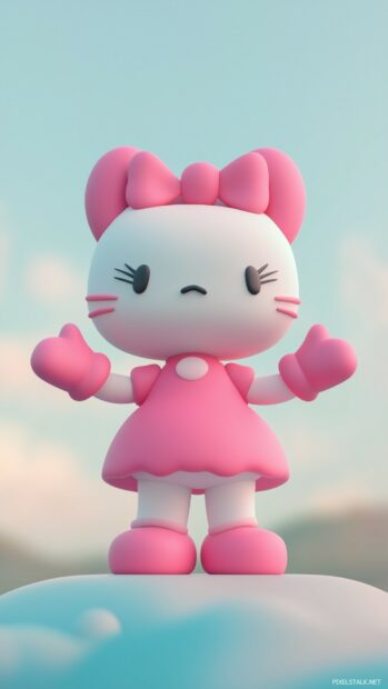 Hello Kitty standing with her arms open wide, with a soft sky blue background.