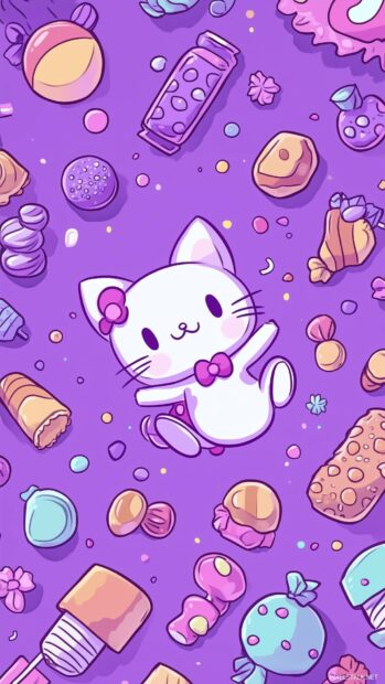 Hello Kitty surrounded by kawaii purple candy and sweets.