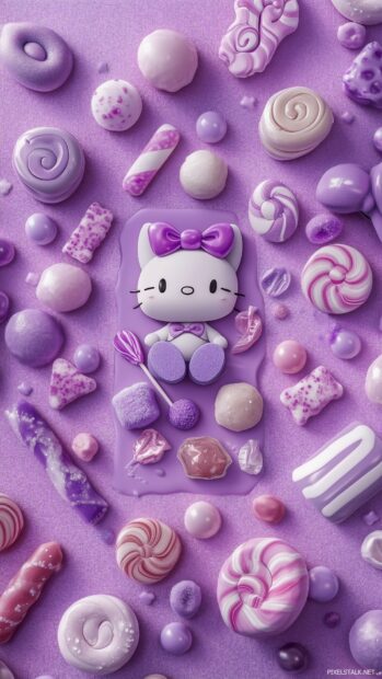 Hello Kitty surrounded by kawaii purple candy and sweets, with a soft purple background and playful patterns.