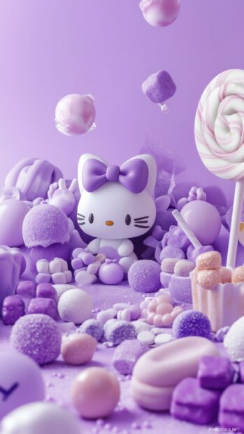 Hello Kitty surrounded by kawaii purple candy and sweets, with a soft purple background and playful patterns.