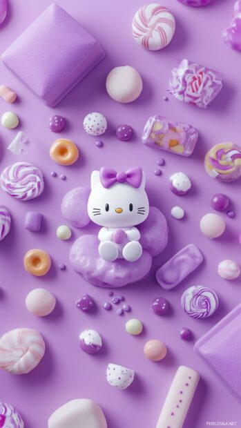 Hello Kitty surrounded by kawaii purple candy and sweets, with a soft purple background for iPhone Wallpaper.