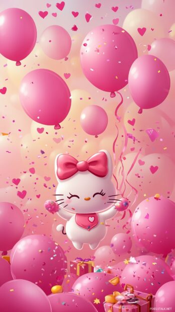 Hello Kitty surrounded by pink balloons and confetti, celebrating in a cute pink themed party setting.