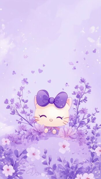 Hello Kitty surrounded by purple flowers and a light purple background with a few soft.