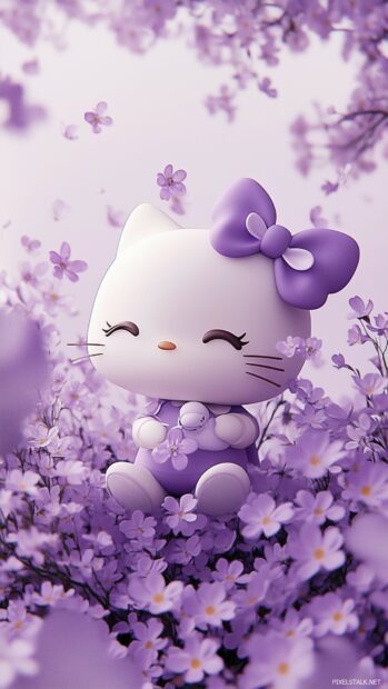 Hello Kitty surrounded by purple flowers and a light purple background with a few soft, whimsical touches.