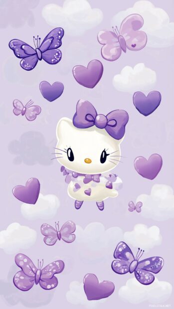 Hello Kitty surrounded by purple hearts and butterflies, with a light lavender background and a playful pattern.