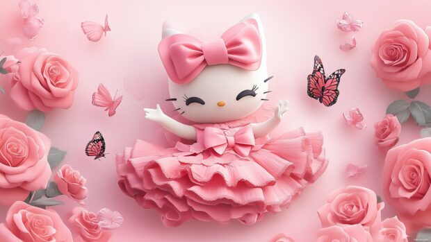 Hello Kitty wearing a pink dress with a matching bow, Kawaii style.