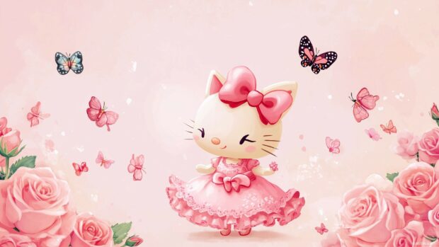 Hello Kitty wearing a pink dress with a matching bow, surrounded by pink roses.