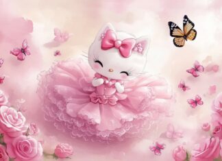 Hello Kitty wearing a pink dress with a matching bow, surrounded by pink roses and butterflies on a light pink backdrop.