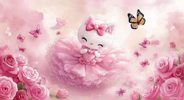 Hello Kitty wearing a pink dress with a matching bow, surrounded by pink roses and butterflies on a light pink backdrop.