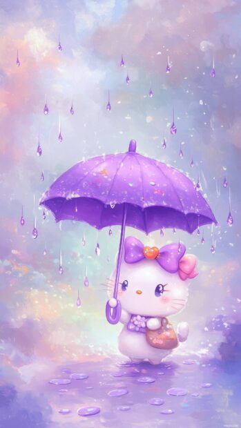 Hello Kitty with a kawaii purple umbrella, standing under a gentle purple rain with cute raindrops.