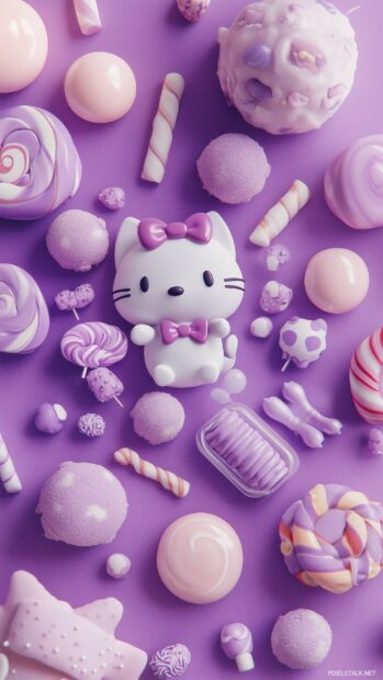 Hello Kitty with a kawaii purple umbrella, standing under a gentle purple rain with cute raindrops.