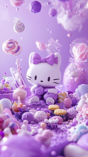 Hello Kitty with a kawaii purple umbrella, standing under a gentle purple rain with cute raindrops and a light pastel backdrop.