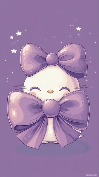 Hello Kitty with a large purple bow, sitting against a solid purple background with a few subtle white stars.