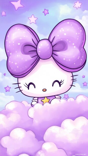 Hello Kitty with a large, purple kawaii bow, surrounded by pastel purple stars and fluffy clouds.