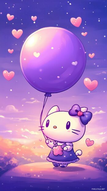 Hello Kitty holding a kawaii style purple balloon.