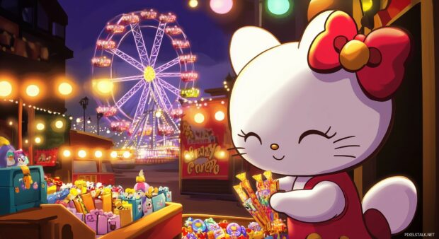 Kawaii Hello Kitty at a fun fair, playing games and winning prizes with bright lights and a Ferris wheel in the background.