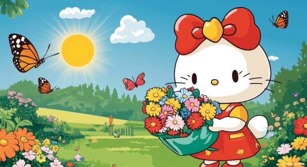 Kawaii Hello Kitty holding a bouquet of flowers, with a sunny garden scene and butterflies fluttering around her.