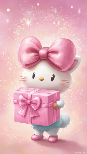 Kawaii Hello Kitty holding a pink gift box with a large bow.