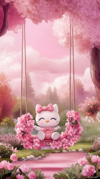 Kawaii Hello Kitty in a pink garden, sitting on a swing decorated with pink flowers, with a serene pink sky in the background.