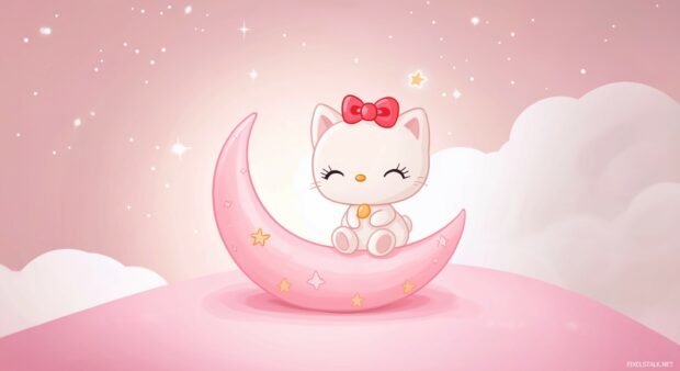 Kawaii Hello Kitty sitting on a pink crescent moon, with stars and a soft pink sky in the background.