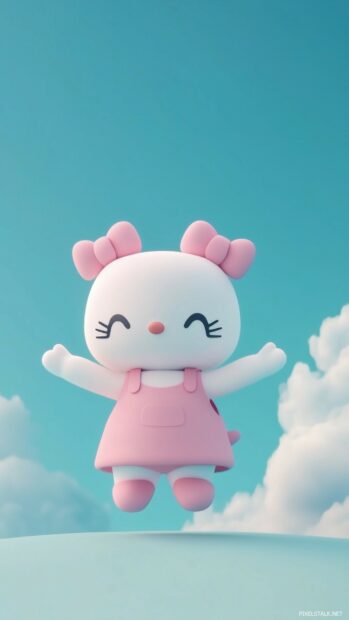 Kawaii Hello Kitty standing with her arms open wide, with a soft sky blue background.