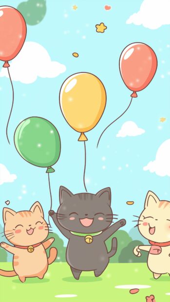 Kawaii cat iPhone wallpaper with a group of adorable cats wearing colorful costumes and playing with balloons.