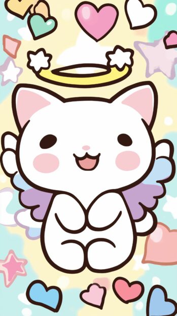 Kawaii cat wallpaper 4K for iPhone with a playful kitten with angel wings and a halo, surrounded by pastel hearts and stars.