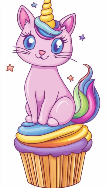 Kawaii cat wallpaper with a magical cat with a unicorn horn and rainbow tail, sitting on a cupcake.