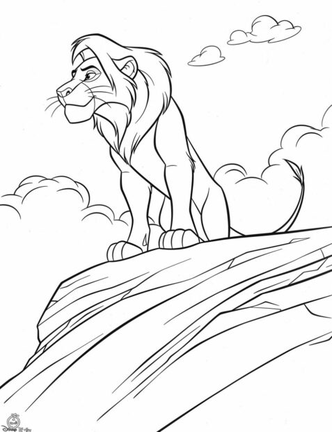 Lion coloring pages with Simba standing proudly on Pride Rock.