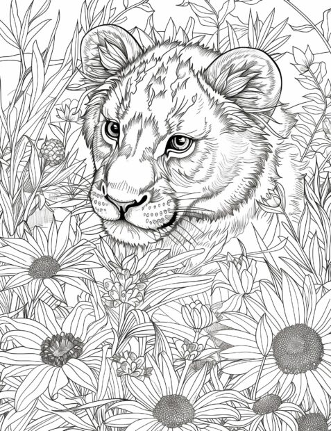 Lion cub exploring a field of flowers.