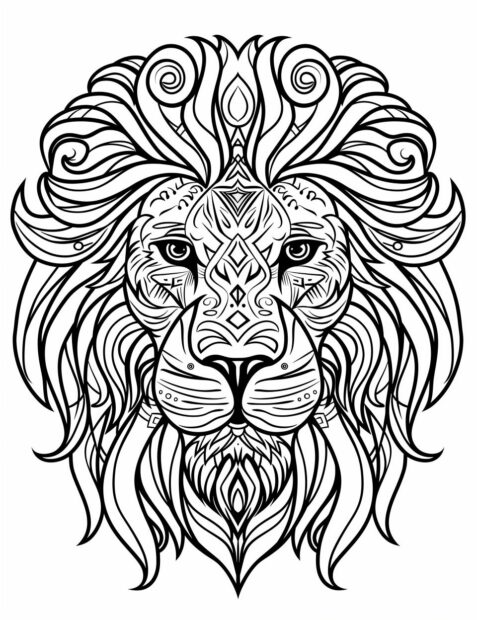 Lion face with tribal patterns, coloring pages.