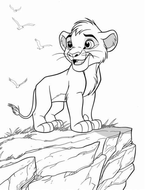 Lion king Simba standing proudly on Pride Rock, coloring pages.