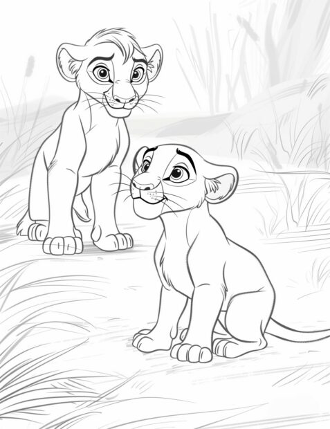 Lion king coloring book pages with Young Simba playing with Nala in the savannah.