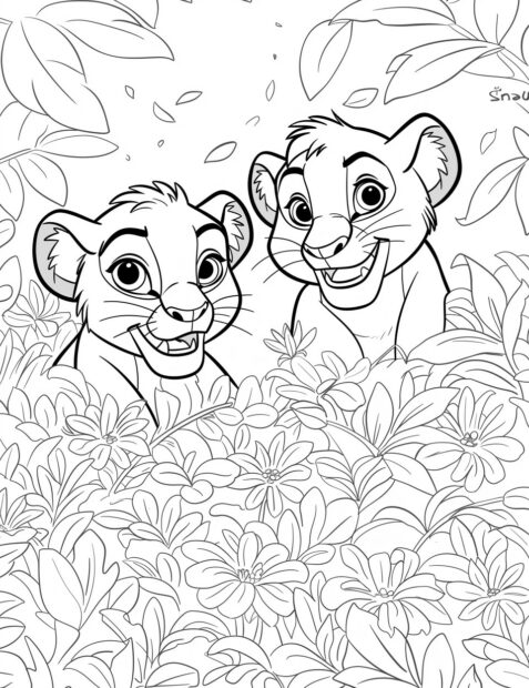 Lion king coloring pages with Nala and Simba playing together as cubs.